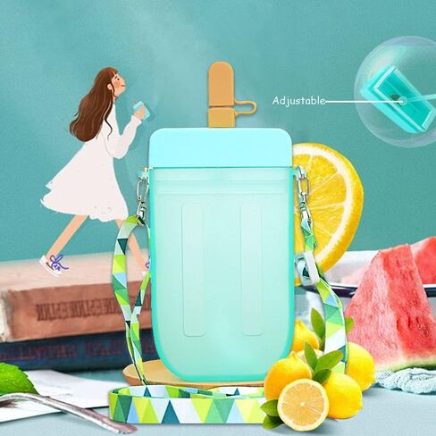 AXLOFO® Cute Water Bottle with Straw - 300 ML Creative Ice Cream Popsicle Cups Adjustable Shoulder Strap for School Girls, BPA Free Kawaii Drinking Bottles (purple) in Saudi Arabia