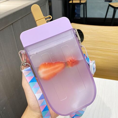 AXLOFO® Cute Water Bottle with Straw - 300 ML Creative Ice Cream Popsicle Cups Adjustable Shoulder Strap for School Girls, BPA Free Kawaii Drinking Bottles (purple) in Kuwait