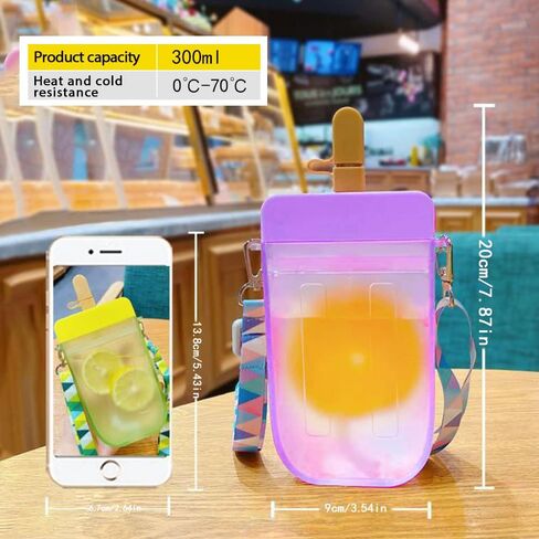 AXLOFO® Cute Water Bottle with Straw - 300 ML Creative Ice Cream Popsicle Cups Adjustable Shoulder Strap for School Girls, BPA Free Kawaii Drinking Bottles (purple) in Kuwait