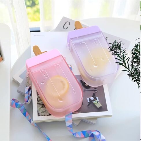 AXLOFO® Cute Water Bottle with Straw - 300 ML Creative Ice Cream Popsicle Cups Adjustable Shoulder Strap for School Girls, BPA Free Kawaii Drinking Bottles (purple) in Kuwait