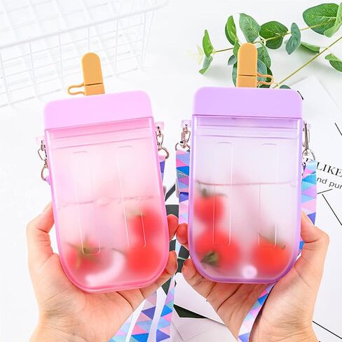 AXLOFO® Cute Water Bottle with Straw - 300 ML Creative Ice Cream Popsicle Cups Adjustable Shoulder Strap for School Girls, BPA Free Kawaii Drinking Bottles (purple) in Kuwait