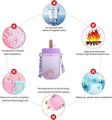 AXLOFO® Cute Water Bottle with Straw - 300 ML Creative Ice Cream Popsicle Cups Adjustable Shoulder Strap for School Girls, BPA Free Kawaii Drinking Bottles (purple) in Kuwait