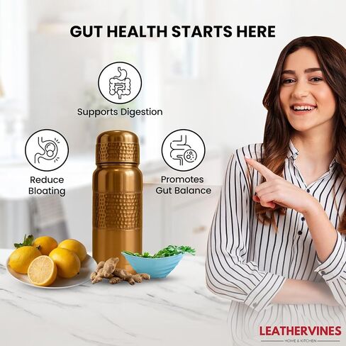 Leathervine 100% Pure Copper Water Bottle for Drinking 64 oz with Lid| Leak Proof Ayurvedic Vessel to Support Digestion, Immunity | Lightweight, Eco-Friendly, Travel Use, Best Gift for Wellness Lovers in Saudi Arabia