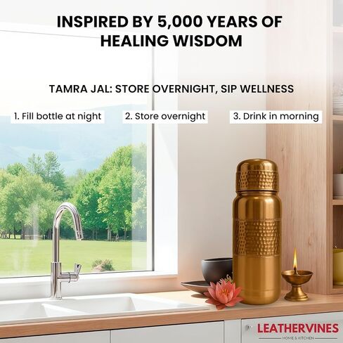 Leathervine 100% Pure Copper Water Bottle for Drinking 64 oz with Lid| Leak Proof Ayurvedic Vessel to Support Digestion, Immunity | Lightweight, Eco-Friendly, Travel Use, Best Gift for Wellness Lovers in Saudi Arabia