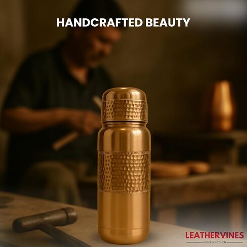 Leathervine 100% Pure Copper Water Bottle for Drinking 64 oz with Lid| Leak Proof Ayurvedic Vessel to Support Digestion, Immunity | Lightweight, Eco-Friendly, Travel Use, Best Gift for Wellness Lovers in Saudi Arabia
