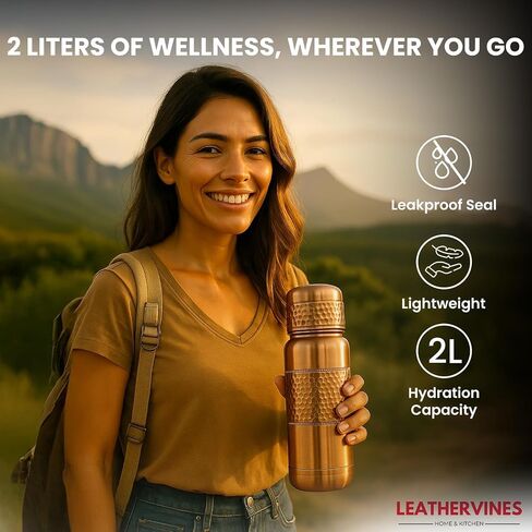 Leathervine 100% Pure Copper Water Bottle for Drinking 64 oz with Lid| Leak Proof Ayurvedic Vessel to Support Digestion, Immunity | Lightweight, Eco-Friendly, Travel Use, Best Gift for Wellness Lovers in Saudi Arabia