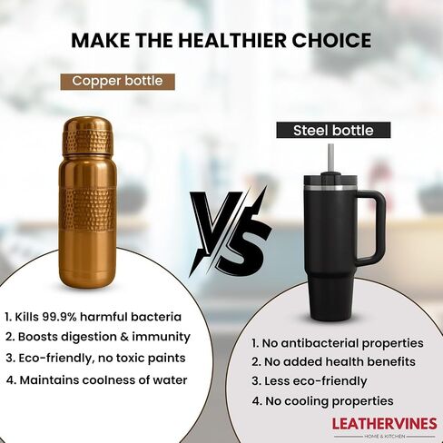Leathervine 100% Pure Copper Water Bottle for Drinking 64 oz with Lid| Leak Proof Ayurvedic Vessel to Support Digestion, Immunity | Lightweight, Eco-Friendly, Travel Use, Best Gift for Wellness Lovers in Saudi Arabia