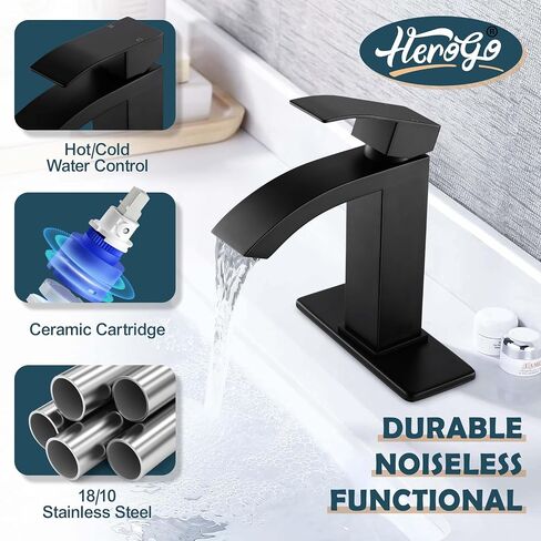 Herogo Waterfall Bathroom Faucet غير لامع ، حنفيات الحمام للحوض 1 أو 3 ثقب مع صرف منبثقة من النحاس ، الفولاذ المقاوم للصدأ مقبض الخلاط الفار in Saudi Arabia