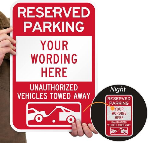 SmartSign Custom Reserved Parking Sign - 12 x 18 Inch, Unauthorized Vehicles Towed Sign, Add Text, 63 mil thick Laminated Aluminum, 3M Engineer Grade Reflective, Red and White, Made in USA in Saudi Arabia