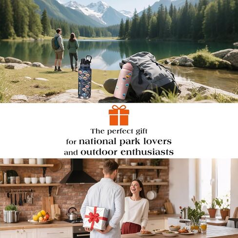 زجاجة ماء National Parks مع 63 ملصقًا مقاومًا للماء-32 أوقية زجاجة من الفولاذ المقاوم للصدأ معزولة ، 2 في 1 （SPOUT SPOUT） & Dustproof Lids ، BPA خالية in Saudi Arabia