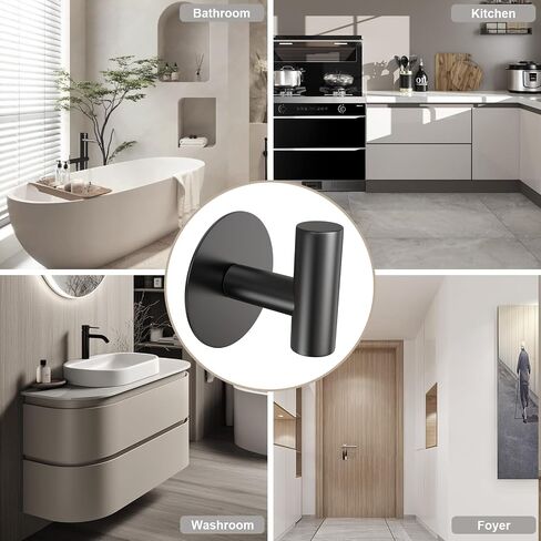 HUFEEOH Adhesive Towel Hooks, 2 Pack Sticky Hooks for Hanging Heavy Duty, Coat Towel Hooks Wall Hooks for Bathroom Kitchen Hotel (Black-2T) in Kuwait