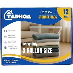 12-Pack Large Plastic Storage Bags with Zipper Top, 5 Gallon Size, 18"x24" Clear Heavy Duty Reusable Bags for Clothes, Travel, Moving, 2 Mil Thick in Kuwait