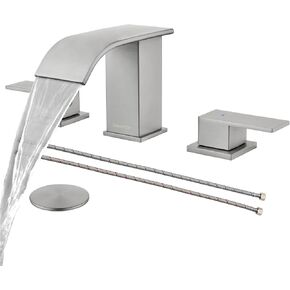 Brushed Nickel Bathroom Faucet 3 Hole, OMEKNTOP 8 Inch Waterfall Bathroom Faucet with Overflow Pop Up Drain and cUPC Hose, Two Handle Bathroom Sink Faucet for Basin Lavatory Vanity in Saudi Arabia