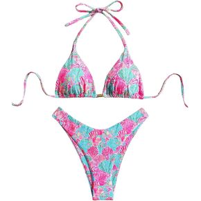 Women's 2 Piece Bikini Set Shell Triangle Thong Bikini Boho Seashell High Waisted Bathing Suit String Halter Swimsuit in Saudi Arabia