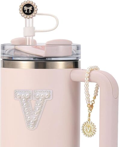 3pcs cup accessories متوافقة مع غطاء Stanley - قش لمدة 30 و 40 أوقية قش قش 10 ملم ، سلسلة سحر أولية للمقبض والرسالة ديكورات - K. in Saudi Arabia