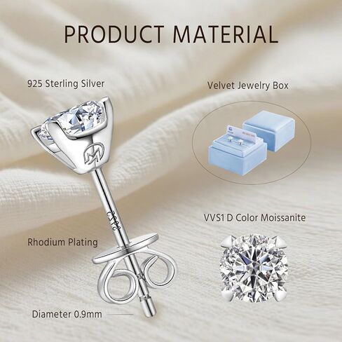 Moissanite Stud Earrings Rhodium Plated 925 Sterling Silver Earrings Moissanite Jewelry Gifts for Women Men in Saudi Arabia