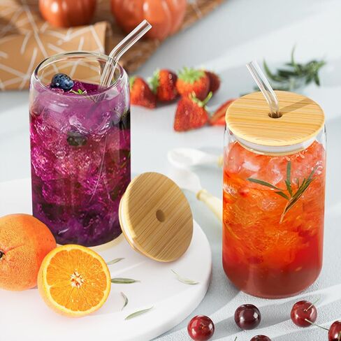 12Pcs Glass Cups with Lids and Straws - 16oz Can Shaped Drinking Glasses Set, Iced Coffee Cup, Beer Glasses Tumbler for Juice, Soda, Smoothie, Boba Tea, Whiskey, Cocktail Include 2 Cleaning Brushes in Saudi Arabia