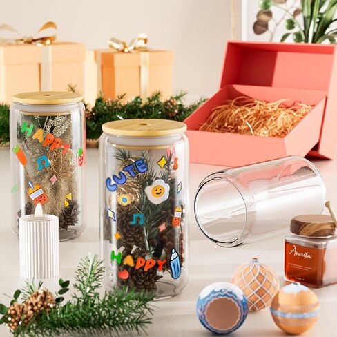 12Pcs Glass Cups with Lids and Straws - 16oz Can Shaped Drinking Glasses Set, Iced Coffee Cup, Beer Glasses Tumbler for Juice, Soda, Smoothie, Boba Tea, Whiskey, Cocktail Include 2 Cleaning Brushes in Saudi Arabia
