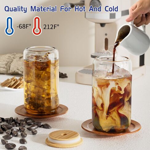 12Pcs Glass Cups with Lids and Straws - 16oz Can Shaped Drinking Glasses Set, Iced Coffee Cup, Beer Glasses Tumbler for Juice, Soda, Smoothie, Boba Tea, Whiskey, Cocktail Include 2 Cleaning Brushes in Saudi Arabia