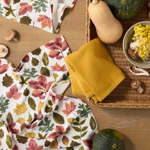 Martha Stewart Autumn Harvest Pumpkins Kitchen Towel 3-Pack Set, 100% Cotton with Absorbent Terrycloth, Decorative Kitchen Towels, Orange/Green/Ivory, 16"x28" in Saudi Arabia