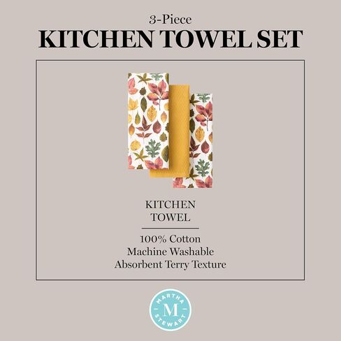 Martha Stewart Autumn Harvest Pumpkins Kitchen Towel 3-Pack Set, 100% Cotton with Absorbent Terrycloth, Decorative Kitchen Towels, Orange/Green/Ivory, 16"x28" in Saudi Arabia