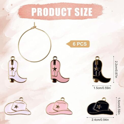 6pcs Cowboy Boot Hat سحر زجاجي ، وسحر زجاج نبيذ لطيف العلامات علامات المرح علامات الجذور للذات لنظارات الجذعية الحفلات والزخارف in Saudi Arabia