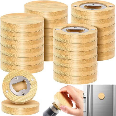 VESICI 24 PCS فتاحة الزجاجة المغناطيسية 2.5 بوصة DIY الخيزران على شكل قلب فتحات البيرة فتحات الخشب الثلاجة غنطة الثلاجة هدية لمحبي البيرة الزفاف ضيوف الحفلات الحفلات (الشكل المستدير) in Kuwait