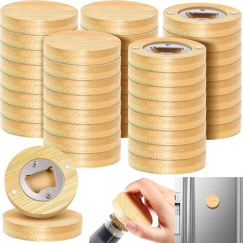 VESICI 24 PCS فتاحة الزجاجة المغناطيسية 2.5 بوصة DIY الخيزران على شكل قلب فتحات البيرة فتحات الخشب الثلاجة غنطة الثلاجة هدية لمحبي البيرة الزفاف ضيوف الحفلات الحفلات (الشكل المستدير) in Kuwait