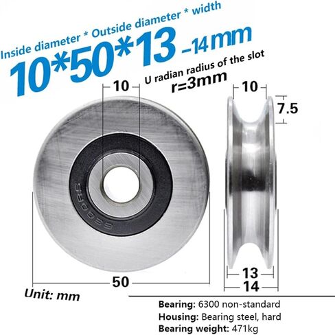 1 Pcs 10 * 50 * 13-14mm R3 R5 U Groove Wheel Roller for Guide Rail 10mm Bore Sliding U Type Pulley Rolling Bearing(A2) in Kuwait