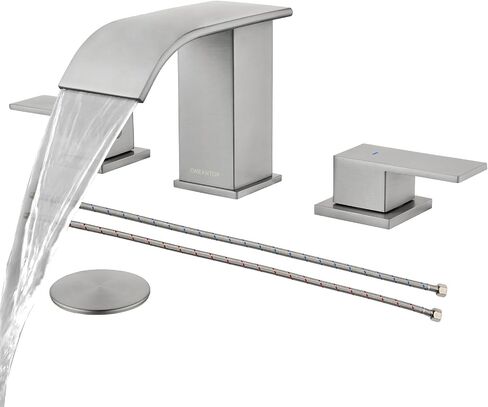 Brushed Nickel Bathroom Faucet 3 Hole, OMEKNTOP 8 Inch Waterfall Bathroom Faucet with Overflow Pop Up Drain and cUPC Hose, Two Handle Bathroom Sink Faucet for Basin Lavatory Vanity in Saudi Arabia