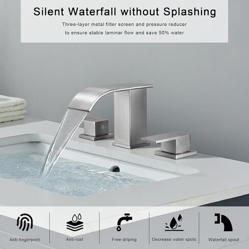 Brushed Nickel Bathroom Faucet 3 Hole, OMEKNTOP 8 Inch Waterfall Bathroom Faucet with Overflow Pop Up Drain and cUPC Hose, Two Handle Bathroom Sink Faucet for Basin Lavatory Vanity in Saudi Arabia