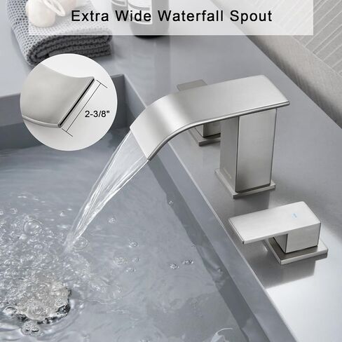 Brushed Nickel Bathroom Faucet 3 Hole, OMEKNTOP 8 Inch Waterfall Bathroom Faucet with Overflow Pop Up Drain and cUPC Hose, Two Handle Bathroom Sink Faucet for Basin Lavatory Vanity in Saudi Arabia