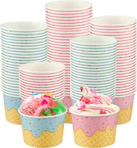 Augisteen 50 Pack Paper Ice Cream Cups 9oz Dessert Paper Bowls Disposable Ice Cream Party Bowls 2 Designs Treat Snack Cups for Hot or Cold Food Sundae Frozen Yogurt Soup Party Supplies in Saudi Arabia