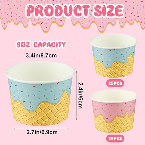 Augisteen 50 Pack Paper Ice Cream Cups 9oz Dessert Paper Bowls Disposable Ice Cream Party Bowls 2 Designs Treat Snack Cups for Hot or Cold Food Sundae Frozen Yogurt Soup Party Supplies in Saudi Arabia