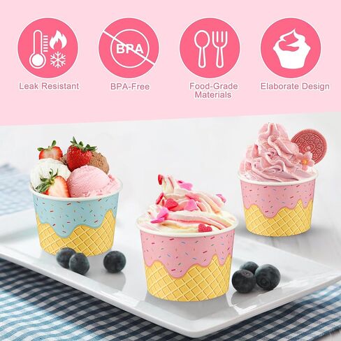Augisteen 50 Pack Paper Ice Cream Cups 9oz Dessert Paper Bowls Disposable Ice Cream Party Bowls 2 Designs Treat Snack Cups for Hot or Cold Food Sundae Frozen Yogurt Soup Party Supplies in Saudi Arabia