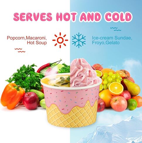 Augisteen 50 Pack Paper Ice Cream Cups 9oz Dessert Paper Bowls Disposable Ice Cream Party Bowls 2 Designs Treat Snack Cups for Hot or Cold Food Sundae Frozen Yogurt Soup Party Supplies in Saudi Arabia