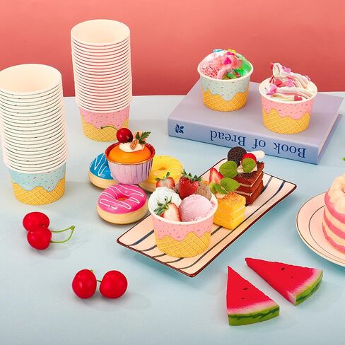 Augisteen 50 Pack Paper Ice Cream Cups 9oz Dessert Paper Bowls Disposable Ice Cream Party Bowls 2 Designs Treat Snack Cups for Hot or Cold Food Sundae Frozen Yogurt Soup Party Supplies in Saudi Arabia