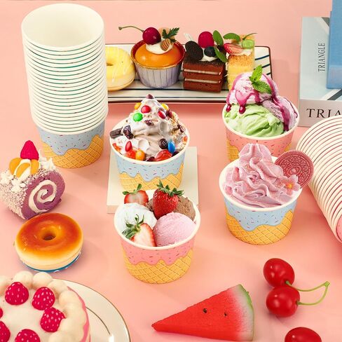 Augisteen 50 Pack Paper Ice Cream Cups 9oz Dessert Paper Bowls Disposable Ice Cream Party Bowls 2 Designs Treat Snack Cups for Hot or Cold Food Sundae Frozen Yogurt Soup Party Supplies in Saudi Arabia