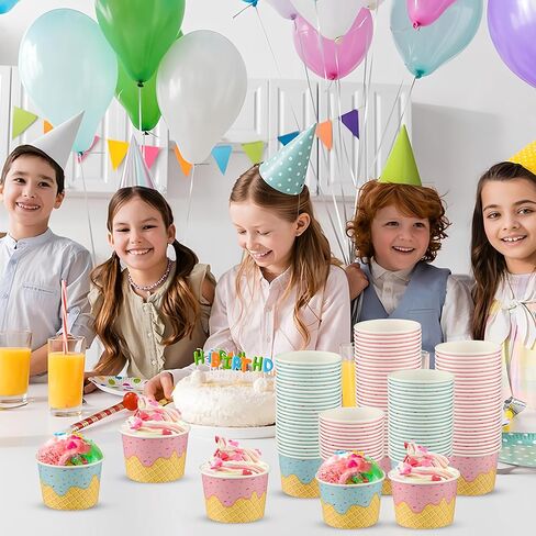 Augisteen 50 Pack Paper Ice Cream Cups 9oz Dessert Paper Bowls Disposable Ice Cream Party Bowls 2 Designs Treat Snack Cups for Hot or Cold Food Sundae Frozen Yogurt Soup Party Supplies in Saudi Arabia
