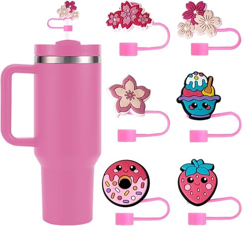 قش سيليكون 6 عبوات متوافق مع Stanley 30oz و 40oz Tumblers و Gater Bottle-قبعات القش القابلة لإعادة الاستخدام وأغطية أعلى ، مقاومة للأغبار ، ملحقات كأس ستانلي لطيف وردي in Saudi Arabia