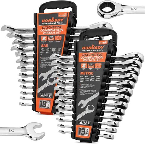 مجموعة مفاتيح الربط 26 قطعة | قياس و SAE | مجموعة Ratchet Wrchenches مع منظم | 72 الأسنان | Chrome Vanadium Steel | 6-19 مم و 1/4 "إلى 3/4" (13 قطعة متري و SAE) in Kuwait
