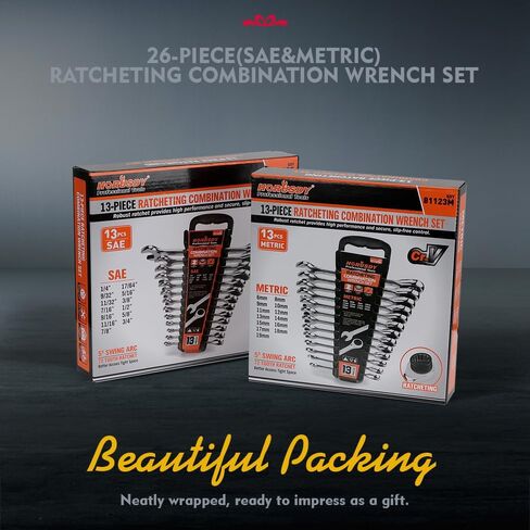 مجموعة مفاتيح الربط 26 قطعة | قياس و SAE | مجموعة Ratchet Wrchenches مع منظم | 72 الأسنان | Chrome Vanadium Steel | 6-19 مم و 1/4 "إلى 3/4" (13 قطعة متري و SAE) in Kuwait