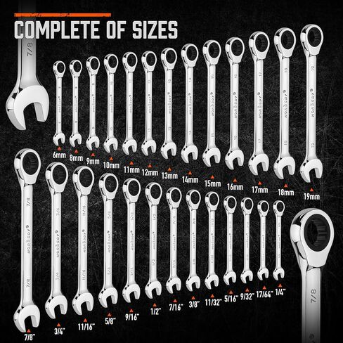 مجموعة مفاتيح الربط 26 قطعة | قياس و SAE | مجموعة Ratchet Wrchenches مع منظم | 72 الأسنان | Chrome Vanadium Steel | 6-19 مم و 1/4 "إلى 3/4" (13 قطعة متري و SAE) in Kuwait