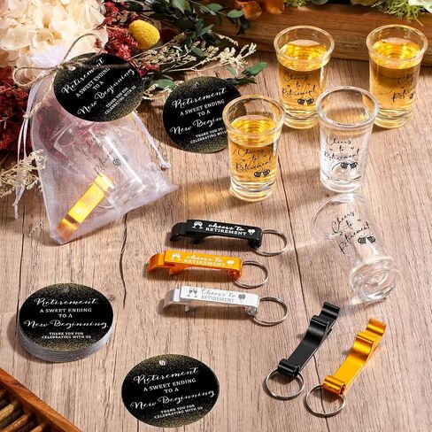 Vesici 50 Set Retirement Party Favors for Guests 3 colors Bottle Opener Keychains Bulk Cheers to Retirement Acrylic Short Glasses Thank You Tags with Organza Bags Twine Party Souvenirs Gifts in Saudi Arabia