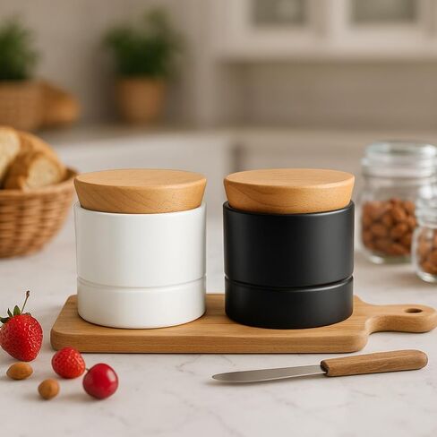 French Butter Dish,Samseel Porcelain Butter Crock with Water Line and Thick Wooden Lid, a Countertop Butter Keeper for Spreadable,Matte Black in Saudi Arabia