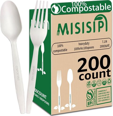 MISISIPI [7.1in 100pcs] 100 ٪ شوكات قابلة للتسميد وملاعق شوكة قابلة للتحلل والملاعق الثقيلة لا شوكة بلاستيكية وملعقة شوكة ثقيلة للوزن وملاع in Saudi Arabia