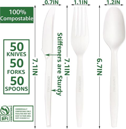 MISISIPI [7.1in 100pcs] 100 ٪ شوكات قابلة للتسميد وملاعق شوكة قابلة للتحلل والملاعق الثقيلة لا شوكة بلاستيكية وملعقة شوكة ثقيلة للوزن وملاع in Saudi Arabia