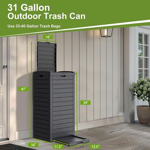 31 Gallon Outdoor Trash Can, Waterproof Trash Can Cabinet for Outside, Resin Garbage Bin with Lid and Drip Tray for Easy Cleaning for Patios, Kitchens, and Outdoor Entertaining（Black） in Saudi Arabia