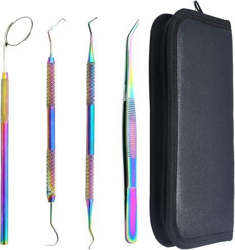 4 PCS Multi Rainbow Basic Economy Professional Professional Dental Hygiene Plaque Set ، Scaler Explorer Explorer Excavator Mirt Mirror Tweezer W/Case Instruments Home College Use for البالغين in Saudi Arabia