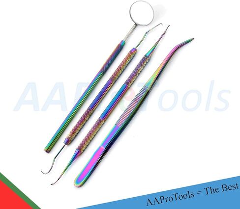 4 PCS Multi Rainbow Basic Economy Professional Professional Dental Hygiene Plaque Set ، Scaler Explorer Explorer Excavator Mirt Mirror Tweezer W/Case Instruments Home College Use for البالغين in Saudi Arabia